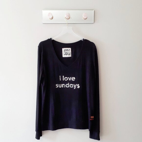 NWOT Peace Love World “I love Sundays” black sweater top, M/L - Picture 4 of 8